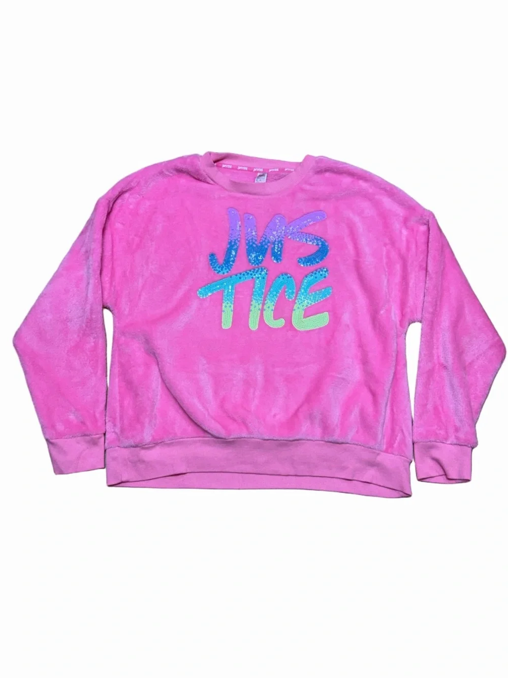 Justice Girls XL Plus 16P 18P Pink Faux Fur Sequin Logo Plush Sweatshirt Top
